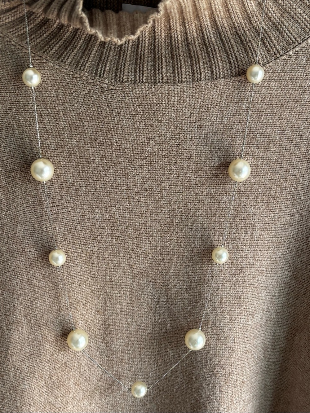 Long Pearl Station Necklace on Silver Chain
